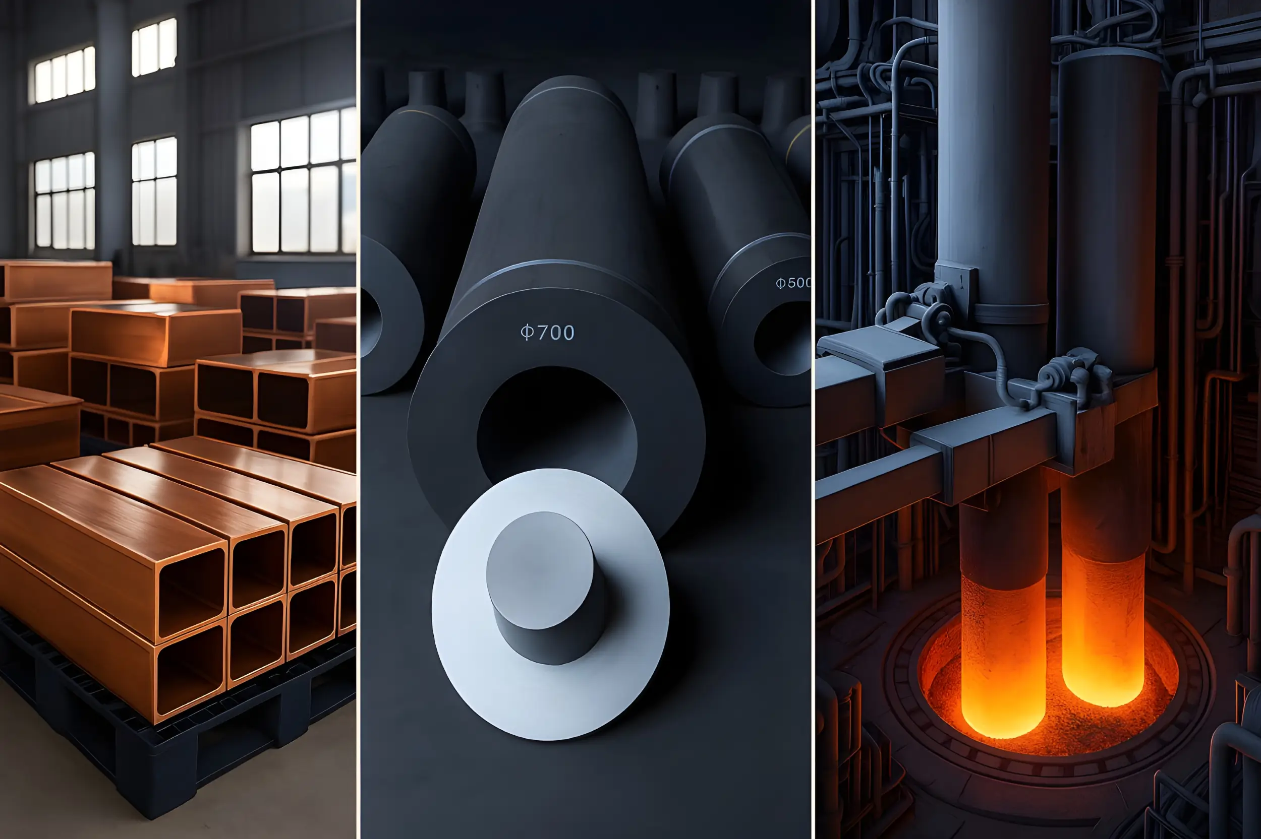 View of the electric arc furnace, graphite electrode and copper molds