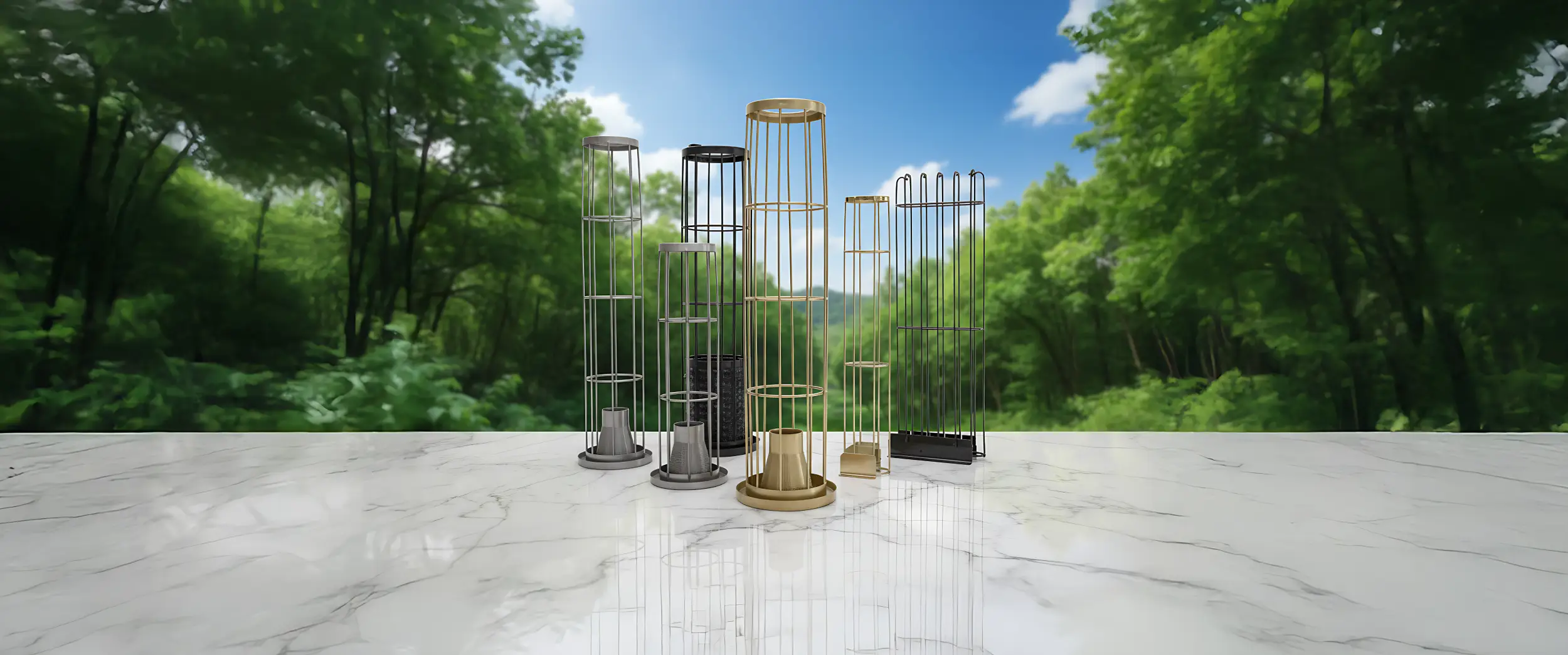 View of Baghouse Cages on a stone platform in a lush green space