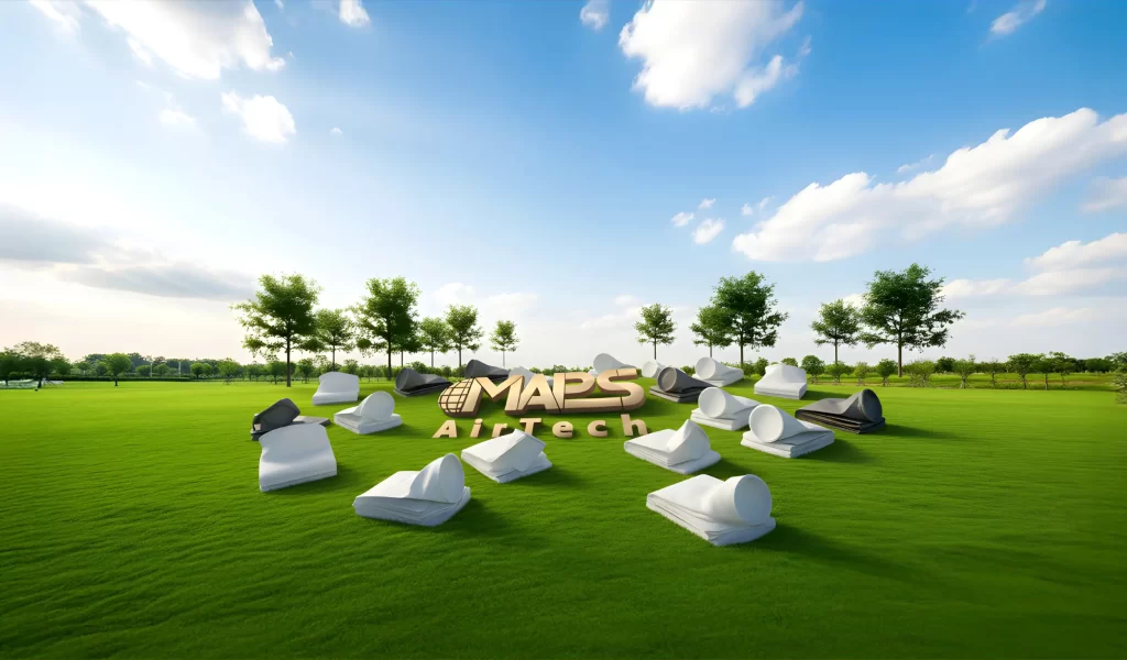MAPS AirTech company logo, a provider of air filtration services, products and systems, along with filter bags, on the lawn 